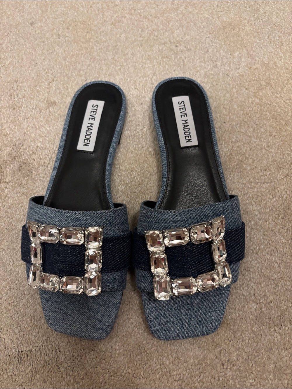 Steve Madden Blue Denim Slide Sandals with Rhinestone Buckle